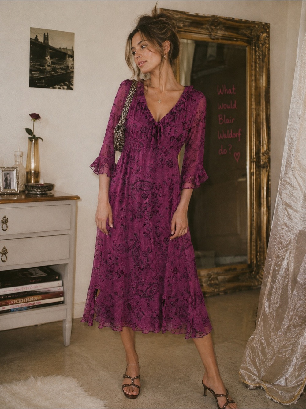 Vintage Velvet Paisley Floral Ruffled Romantic Boho Dress Whimsigoth Y2K Peasant
